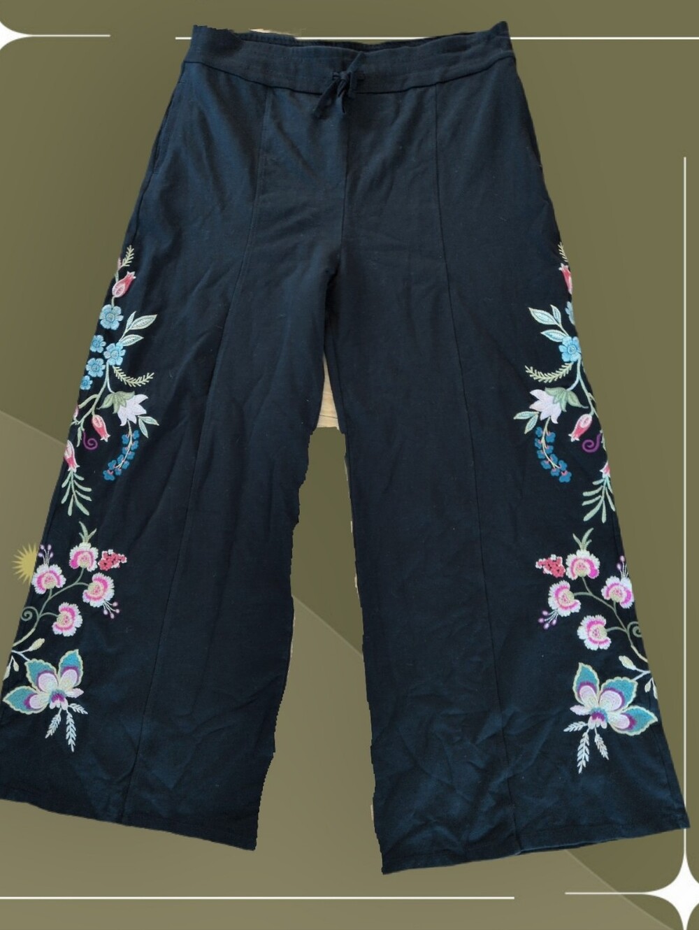 ✨ Nwt Johnny Was Drawstring Embroidery Wide Leg Pant Size XL